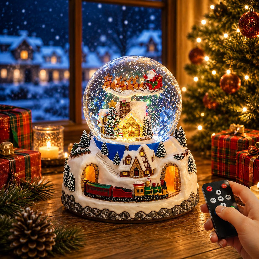 Musical Rotating Santa Claus Flying Over Village,Automatic Snowfall,Train, Christmas Snow Globe Music Box Gifts