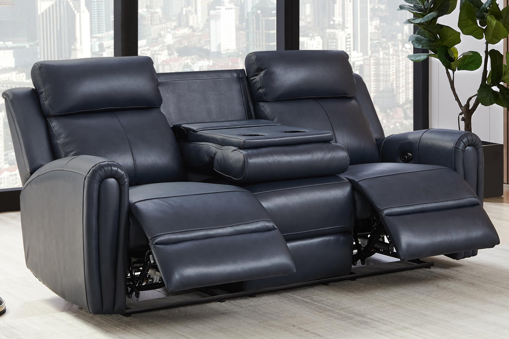 Blue Genuine Leather Power Recliner Sofa Couch with USB Port.