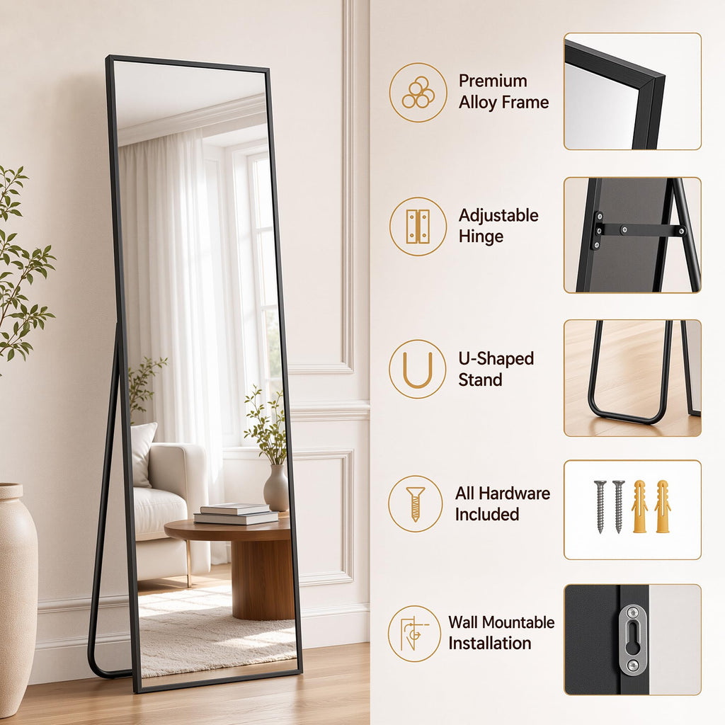 Full Length Mirror, 76"x34" Floor Mirror with Stand, Black, Rect