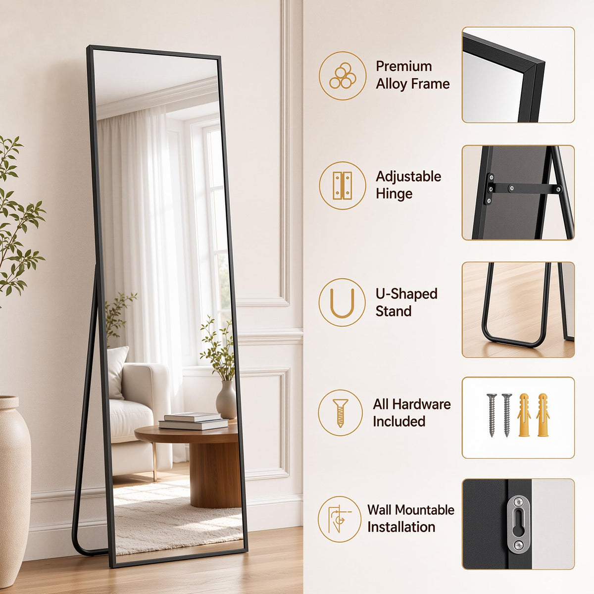 Full Length Mirror, 76"x34" Floor Mirror with Stand, Black, Rect