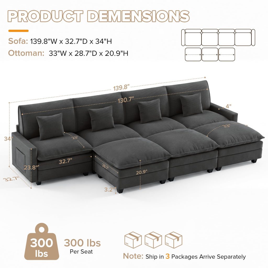 140" Oversized Modular Sectional Sofa, U Shaped Cloud Couches with Ottomans