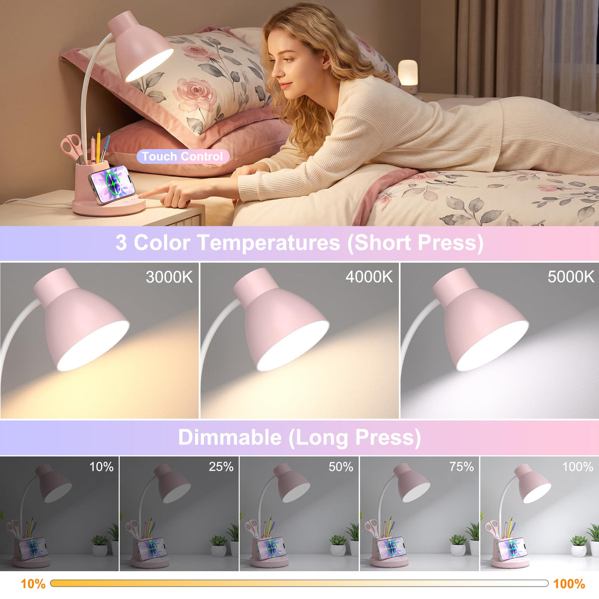 10W Wireless Charging LED Desk Lamp with Pen Holder, CRI 95, Pink