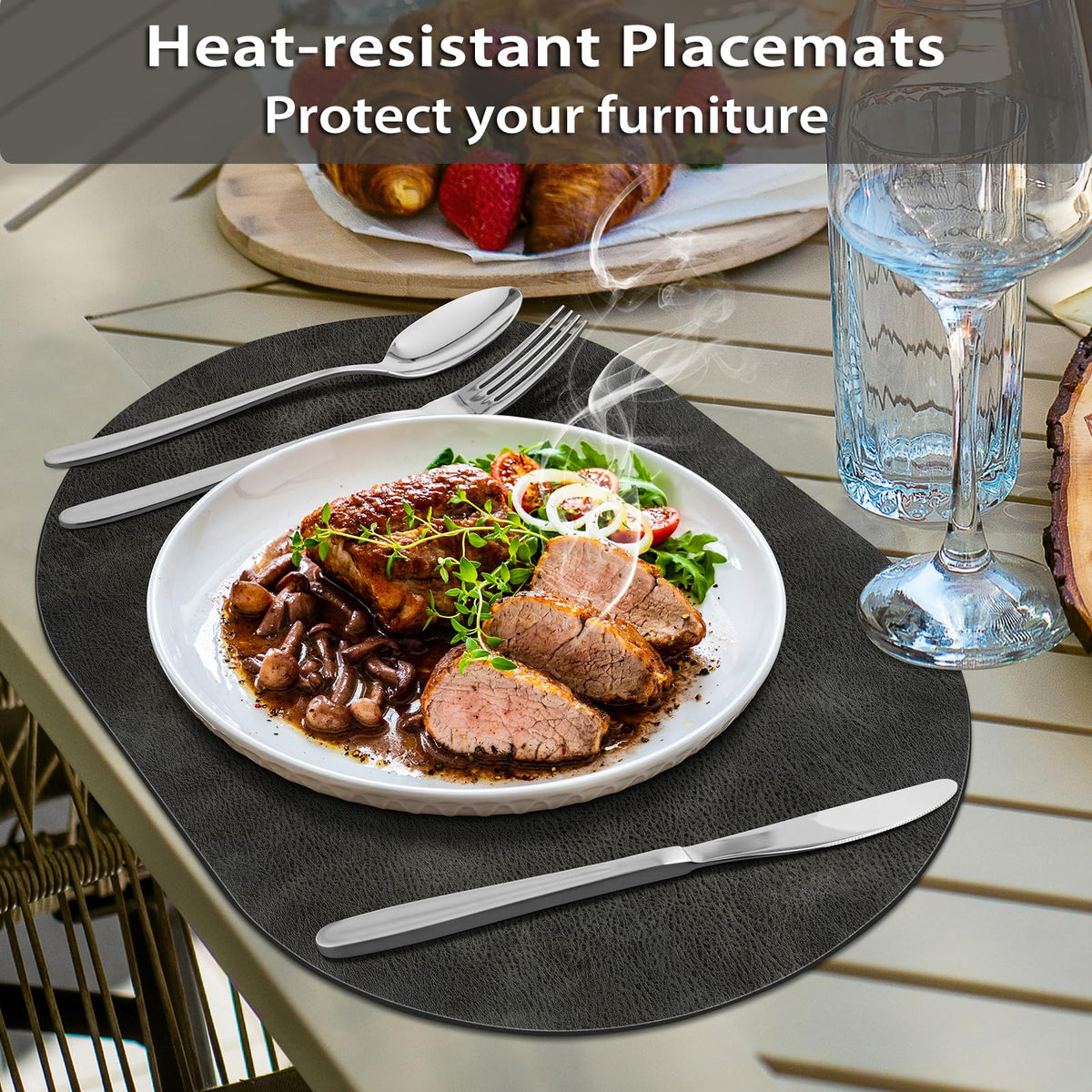 Oval Placemats Set of 4, Wipeable Faux Leather, Dark Grey