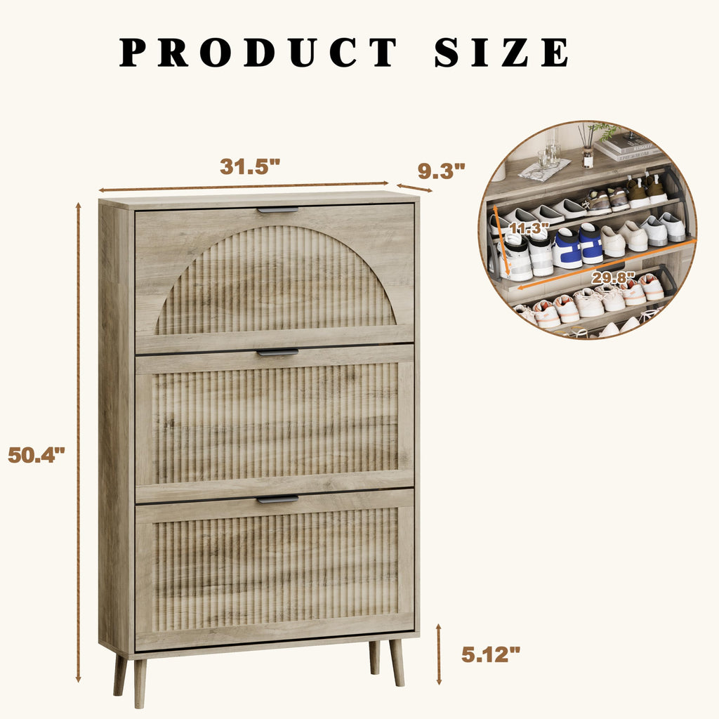 Shoe Storage Cabinet with 3 Flip Drawers, Narrow Wood Shoe Organizer Cabinet with Fluted Panel, Slim Shoe Rack