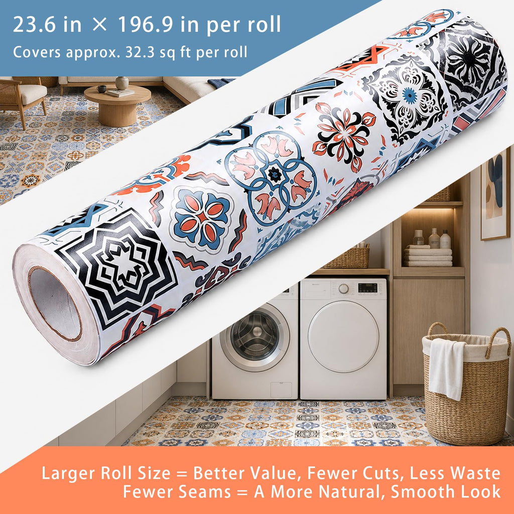 Self Adhesive Vinyl Flooring Roll, 23.6 in x 196.9 in Peel and Stick Vinyl Sheet Flooring, 32.3 Sq Ft Floor Covering