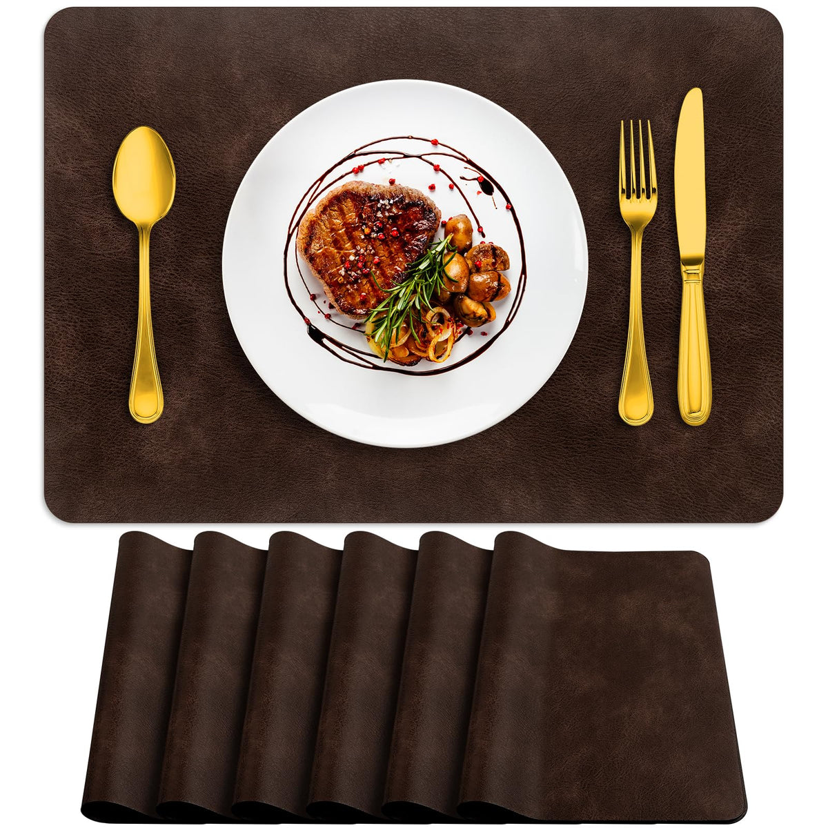 Fall Placemats Set of 6, Heat Resistant Faux Leather, Coffee
