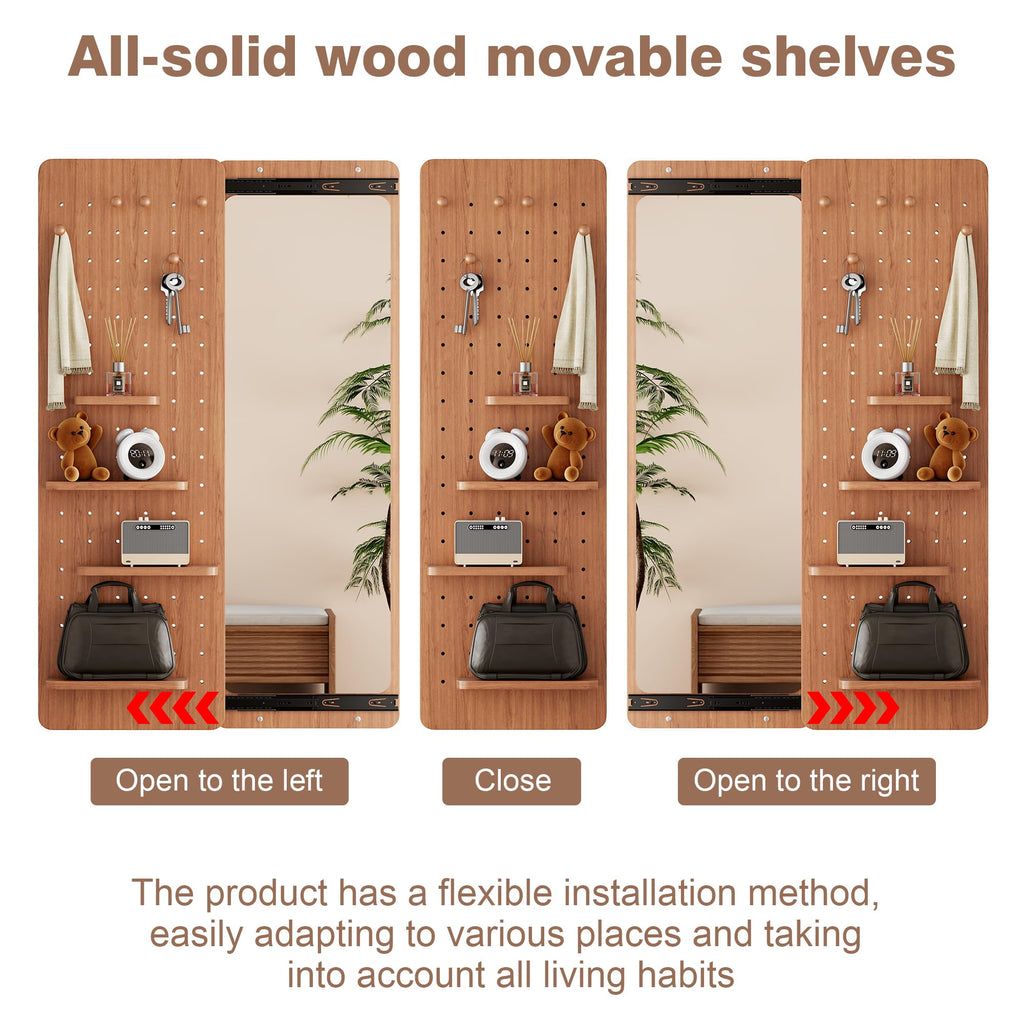 Wall Mounted Full Length Mirror with Storage Shelf and Hooks