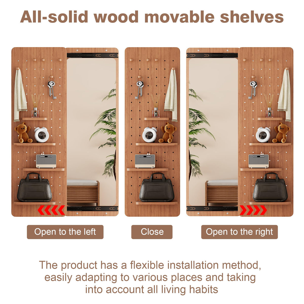 Wall Mounted Full Length Mirror with Storage Shelf and Hooks