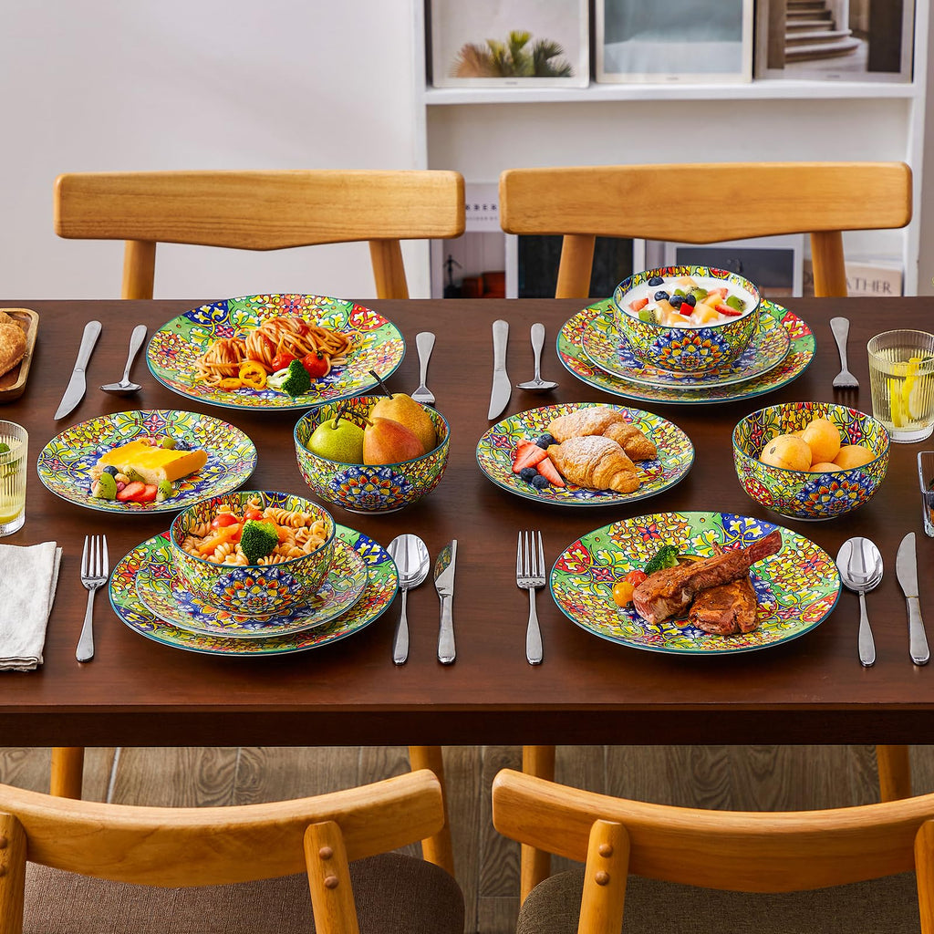 12 Pieces Dinnerware Sets, Green Plates and Bowls Set, Porcelain Dishes Set for 4, Microwave and Dishwasher Safe