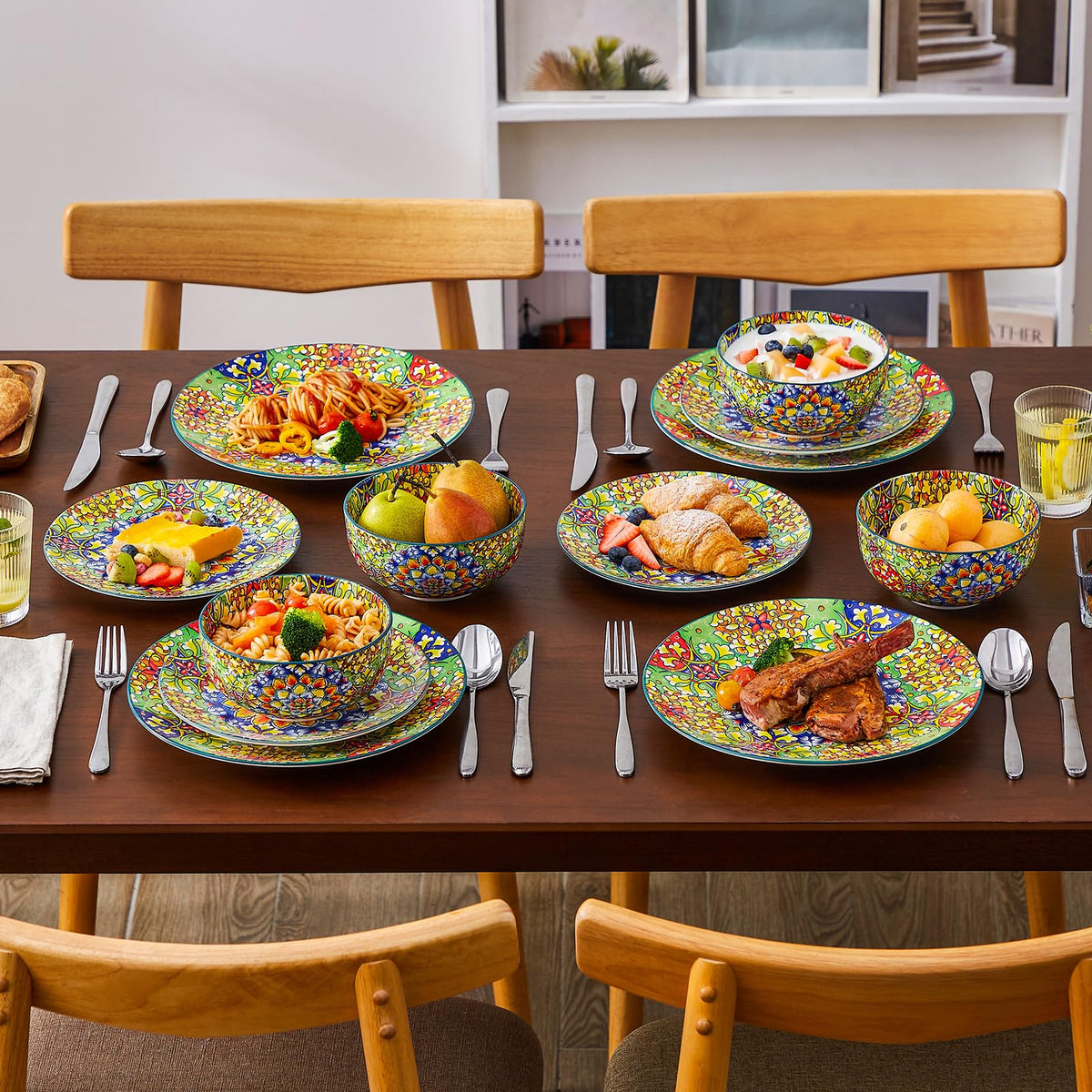 12 Pieces Dinnerware Sets, Green Plates and Bowls Set, Porcelain Dishes Set for 4, Microwave and Dishwasher Safe