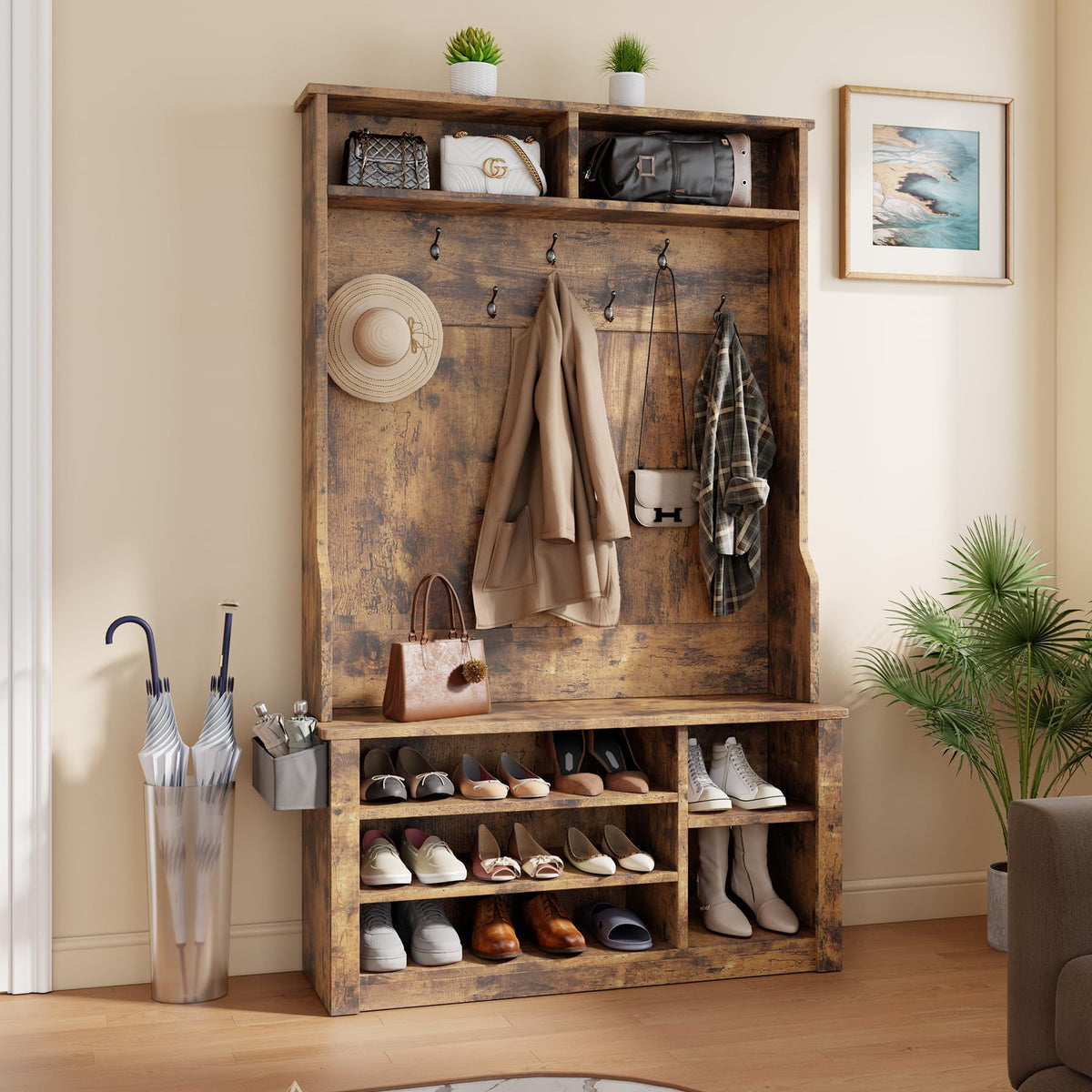 Entryway Hall Tree with Bench and Storage, Rustic Brown