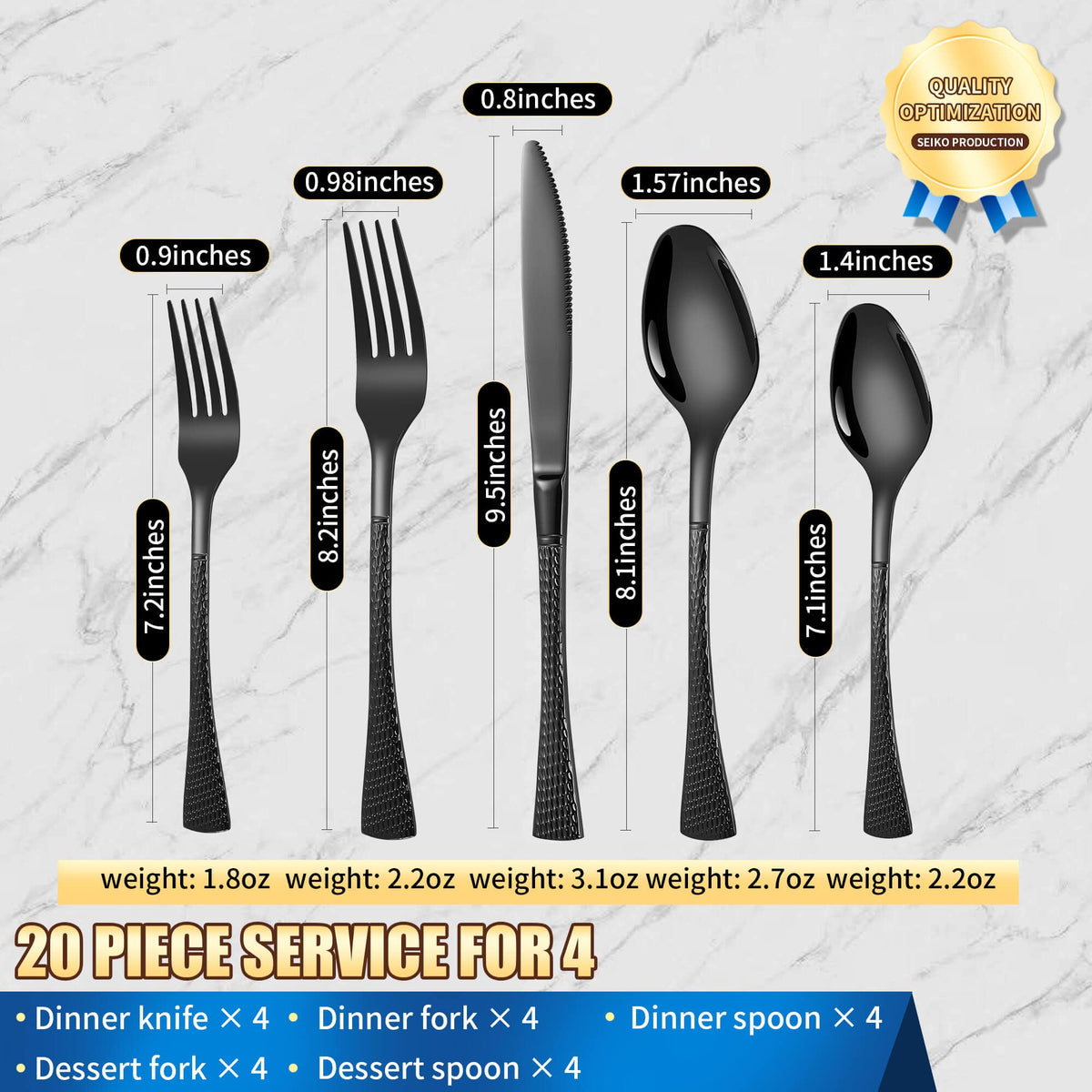 Hammered Black Silverware Set,20 Piece Modern Flatware Set Service for 4,Mirror Polished Stainless Steel Cutlery Set