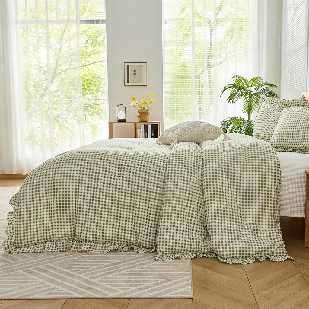 Ruffle Gingham Comforter Set Sage Plaid Farmhouse Bedding