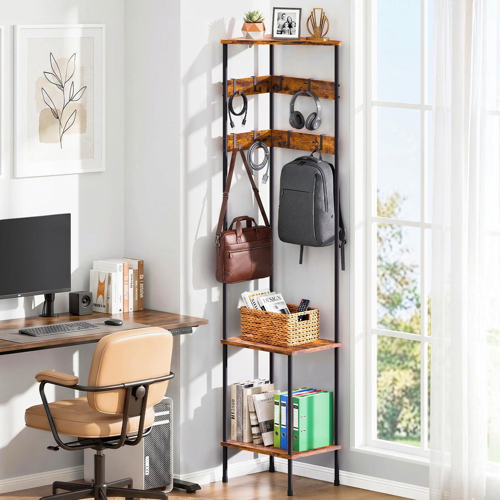 Corner Coat Rack Freestanding with Shelves and 8 Hooks, Rustic Brown
