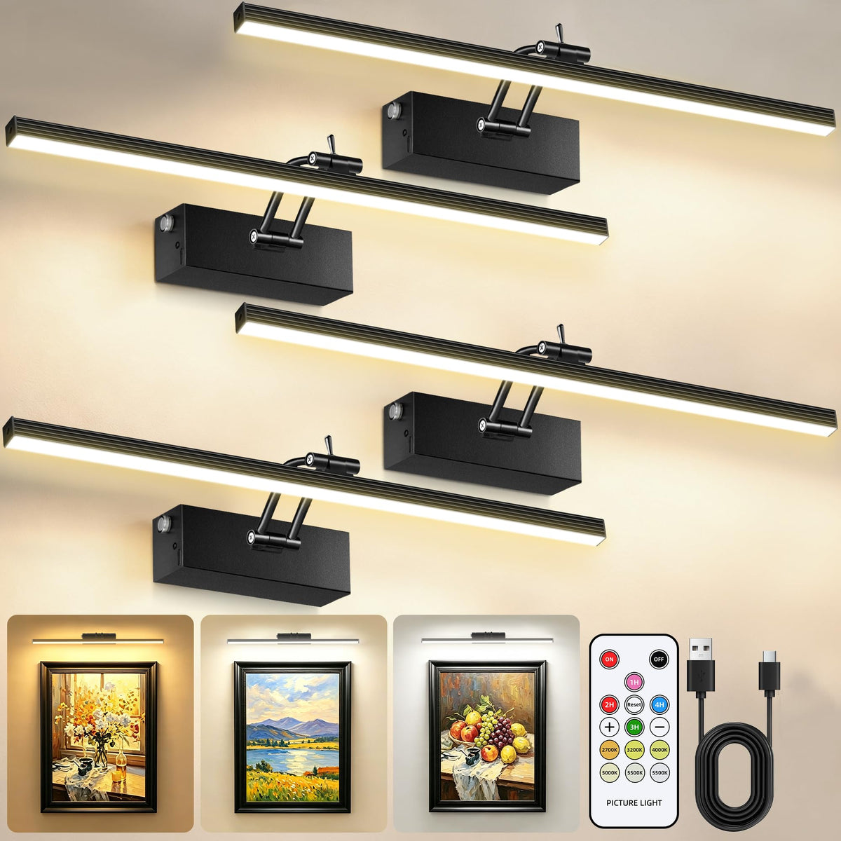 4 Pack 16-Inch Picture Light with Remote, 5200mAh Battery Operated