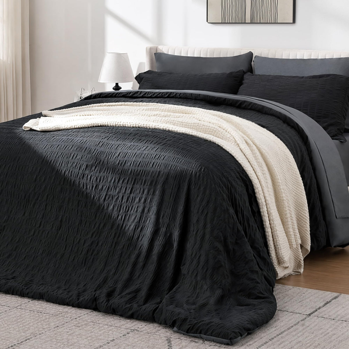 Black Seersucker Comforter Set, 7-Piece Bed in a Bag