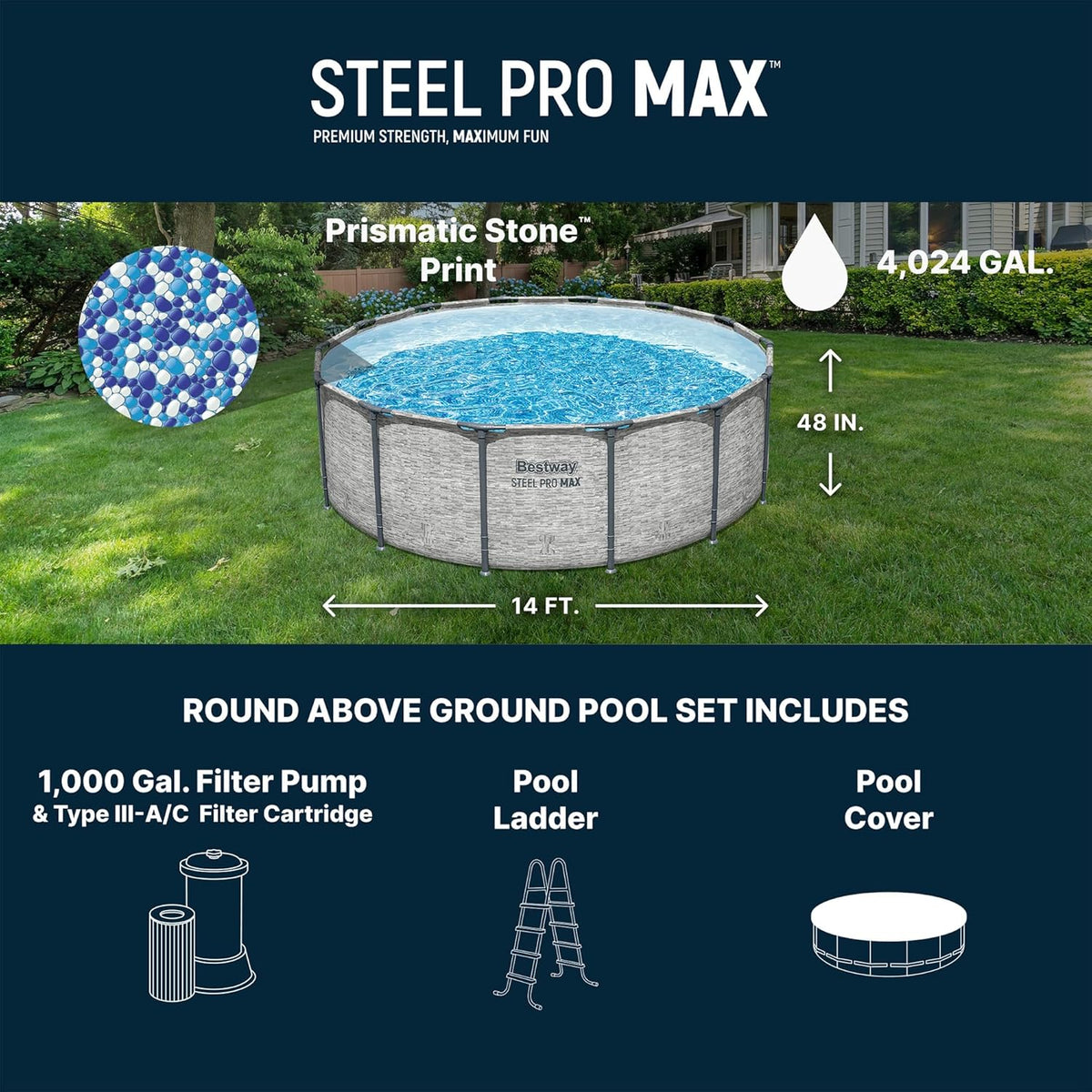 Steel Pro MAX 14' x 48" Above Ground Pool, Round Metal Frame Outdoor Swimming Pool Set with Filter Pump, Ladder, and