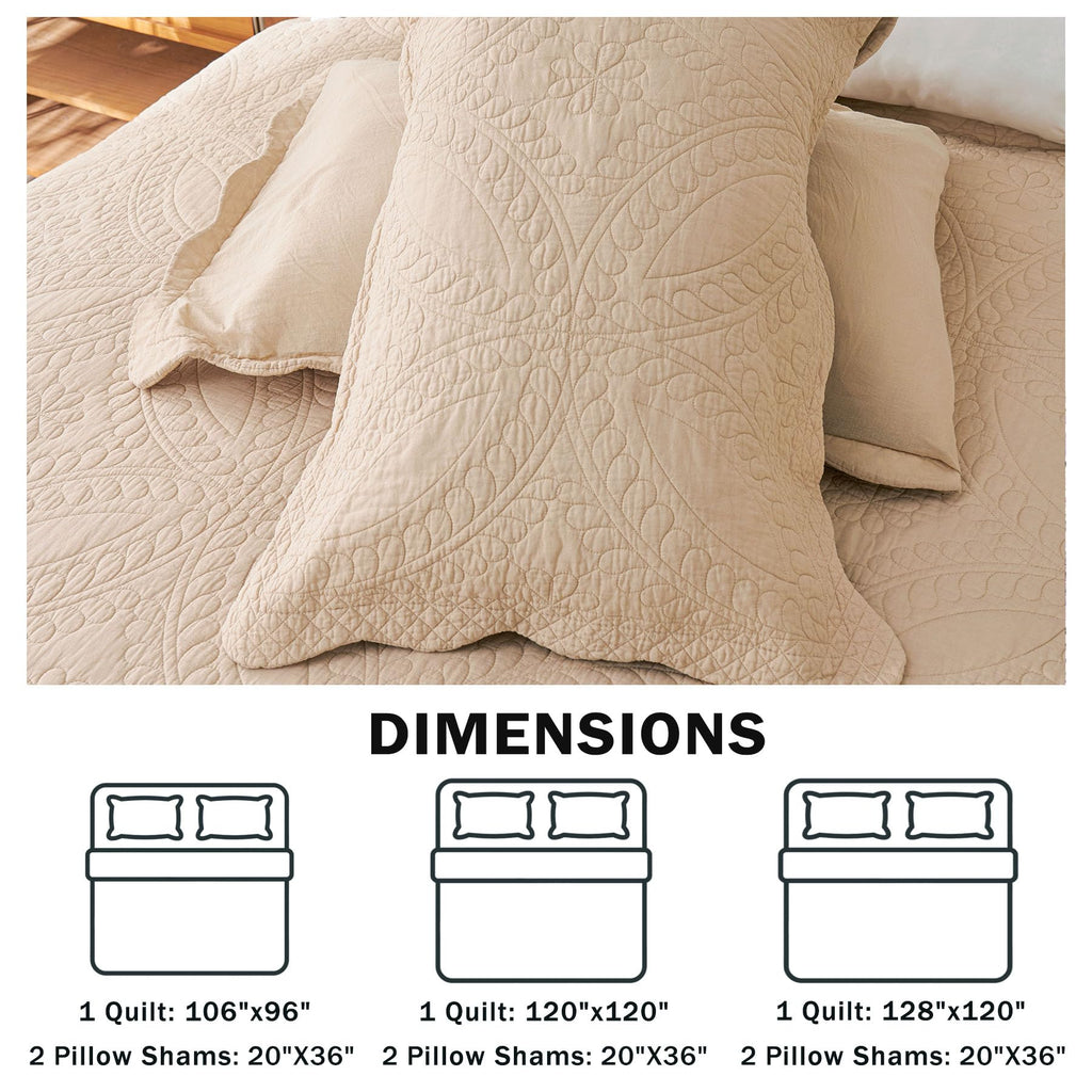 100% Cotton Quilt -Beige Bedspread 106"x96"-Coin Pattern Bedding Set 3 Pieces-Pre-Washed Lightweight Cotton