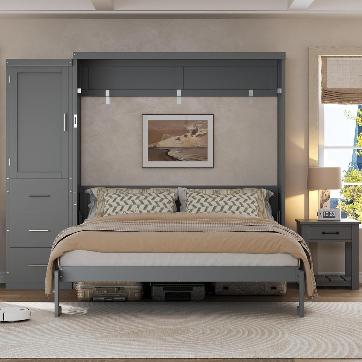 Queen Murphy Bed with Storage Wardrobe and Drawers,Solid Wood Farmhouse Murphy Wall Bed Cabinet with Drawers for Bedroom Office Guest Room,Foldable (Gray,Queen)