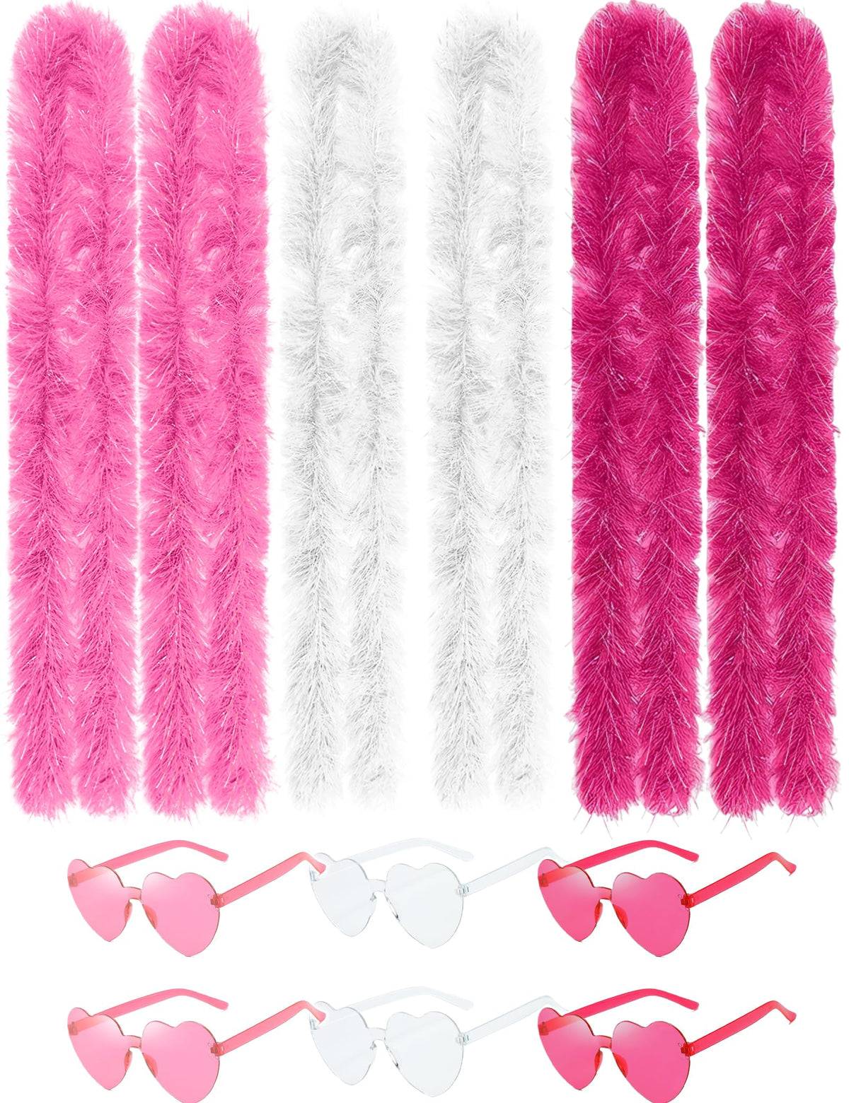 Fluffy Artificial Feather Boas 6Pcs with Heart Sunglasses Party Favors for Wedding Birthday Christmas (Pink,White&Hot