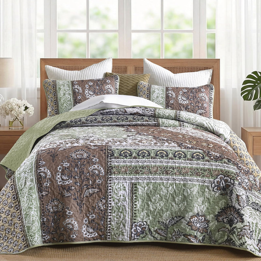Patchwork Quilt Bedding Set, Boho Bedspread, Brown Green
