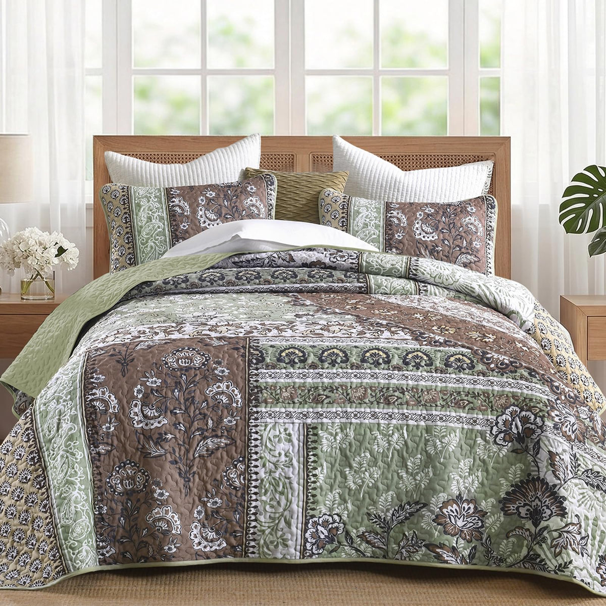 Patchwork Quilt Bedding Set, Boho Bedspread, Brown Green