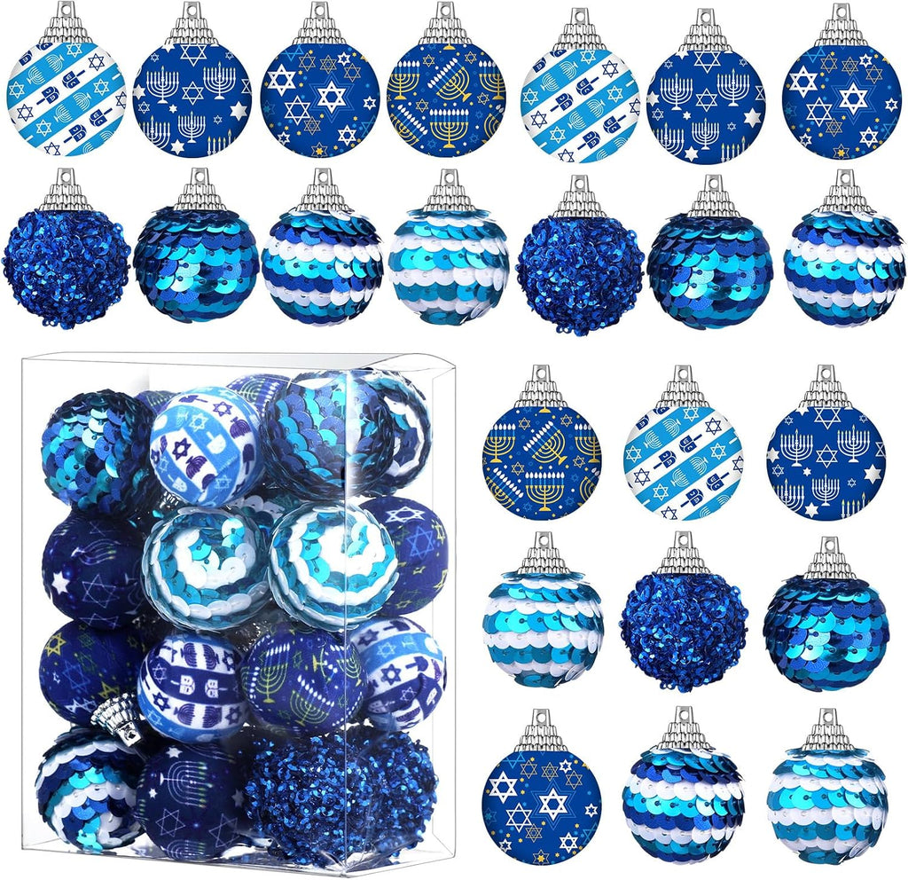 Hanukkah Ball Ornaments Blue White for Tree Party Decor - Set of 24