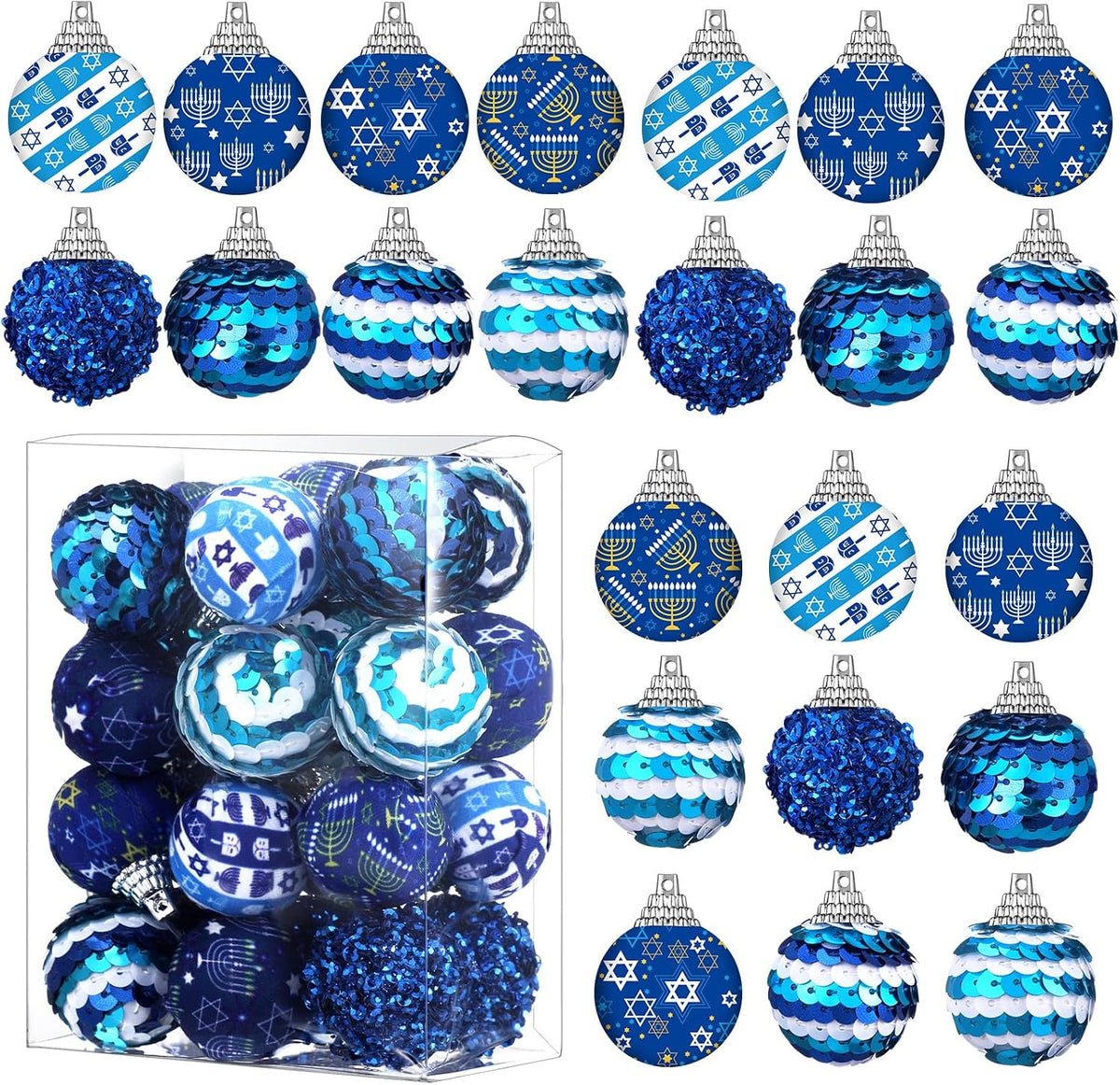 Hanukkah Ball Ornaments Blue White for Tree Party Decor - Set of 24