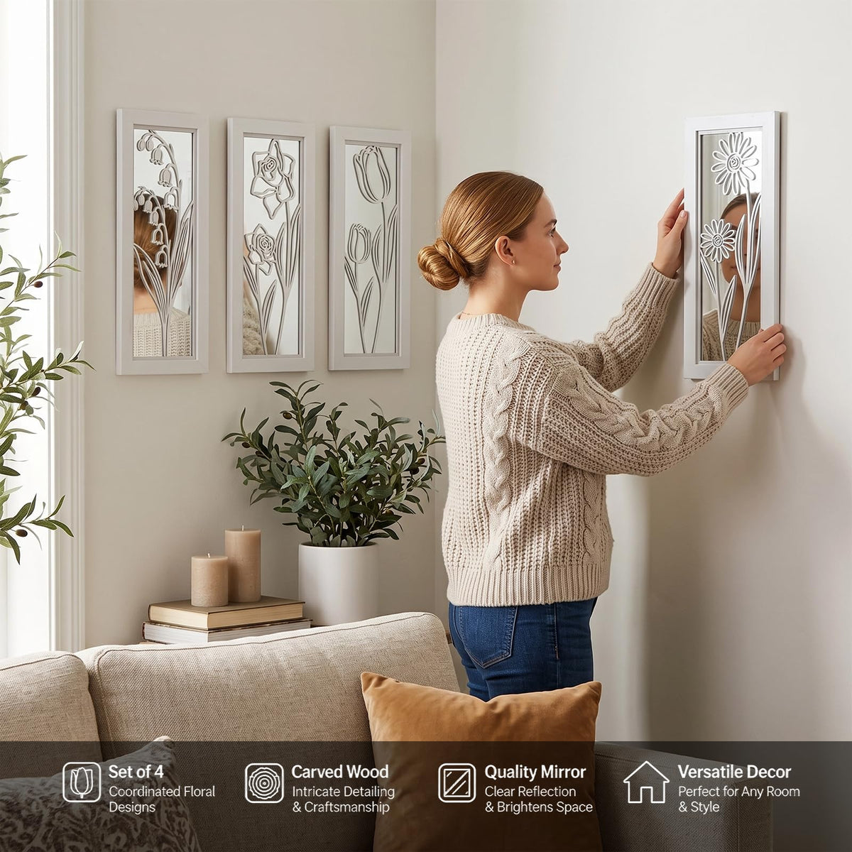 4 Set Rustic Wall Mirrors Bathroom Living Room Entryway Wood Farmhouse Rectangular Easy to Hang Framed Decorative