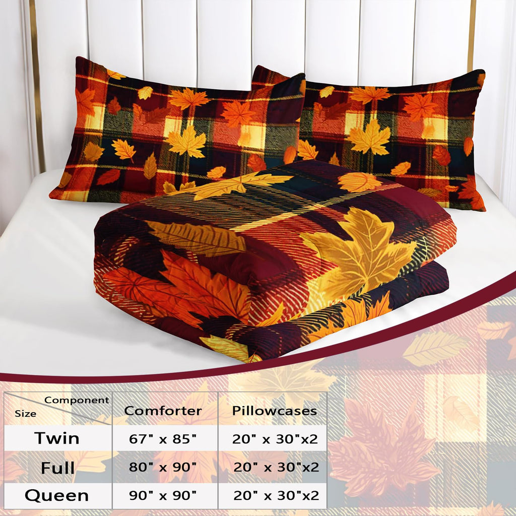 Autumn Maple Plaid Bedding Set 3 Piece, 1 Comforter + 2 Pillowcases, Orange Red Leaves Black Tartan Checks