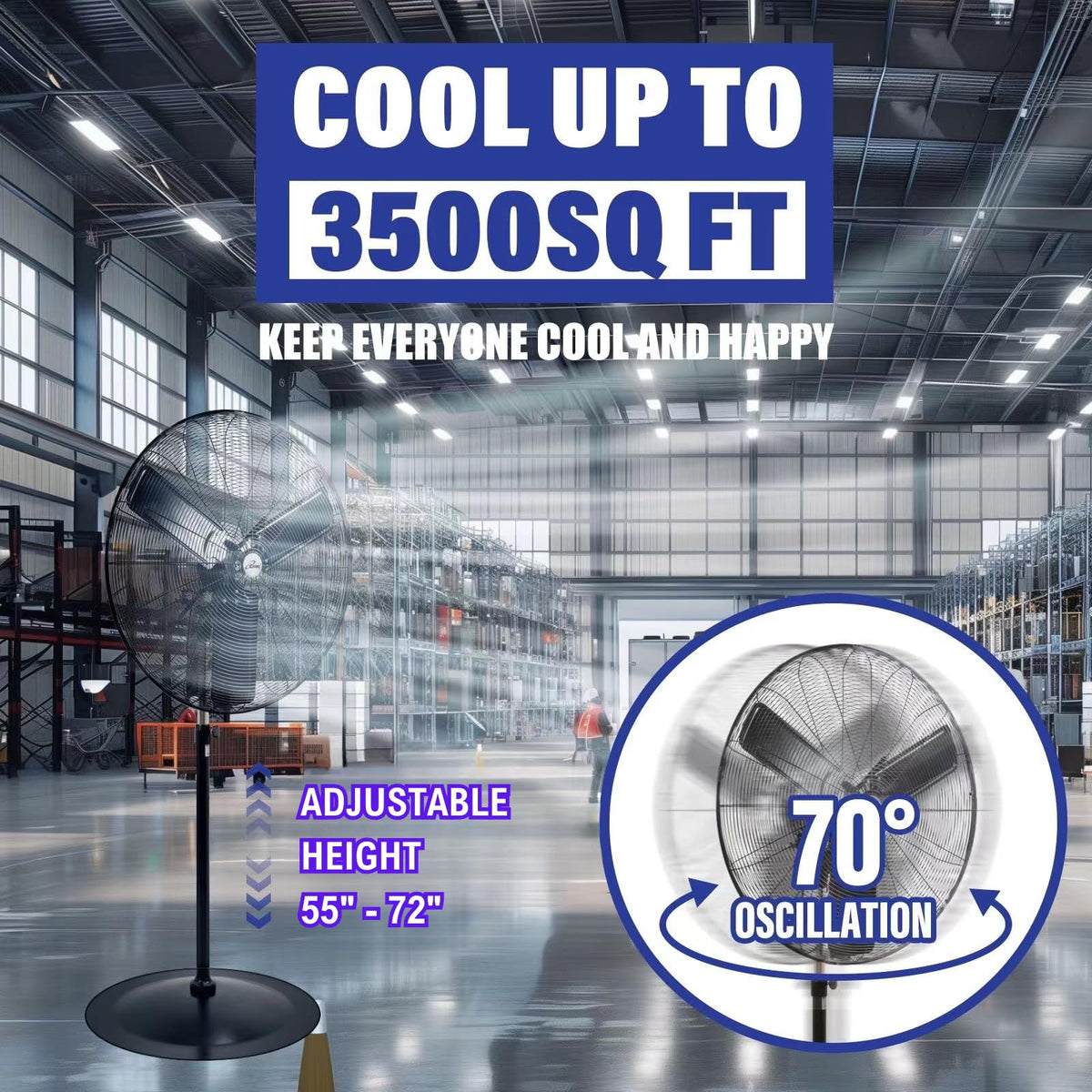 30" Commercial Pedestal Oscillating Fan - Shop, Garage, Warehouse - 120V, 1.8A, 8400 CFM