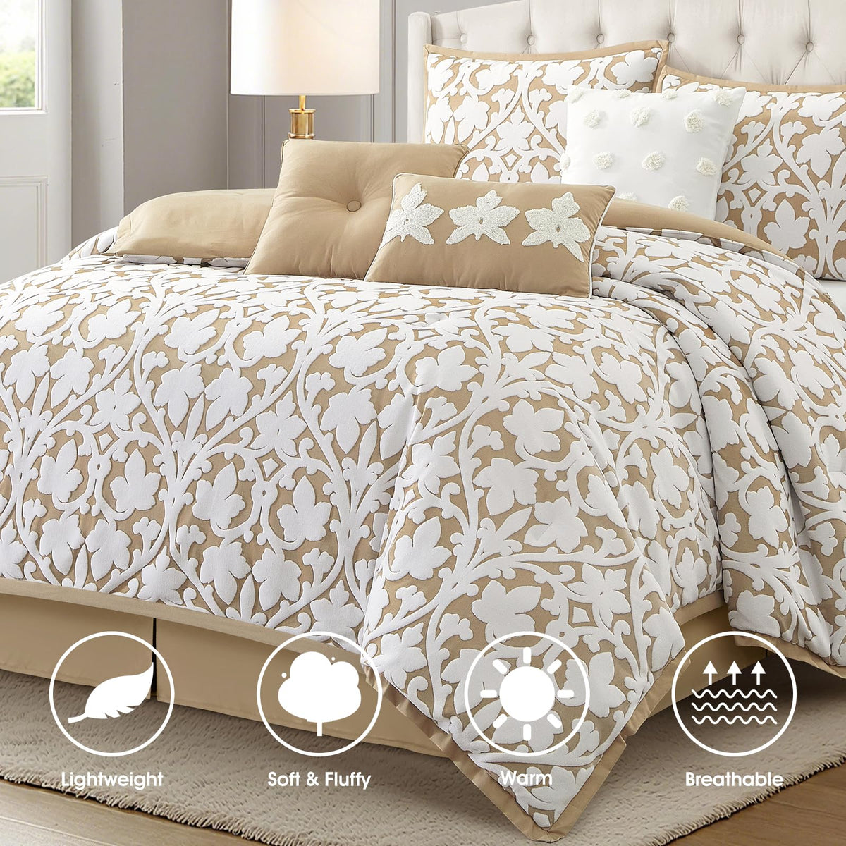 7 Pieces Comforter Set, Khaki, Jacquard Floral Pattern and Classy Damask Medallion Design, Ultra Soft, Includes