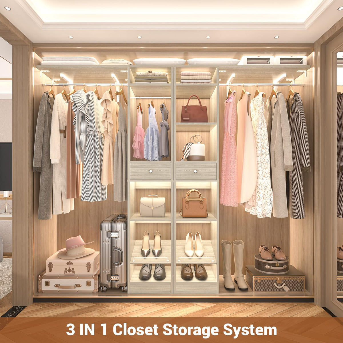 58" W - 90" W Closet System, Large Walk in Closet Organizer with 3 Hanging Rods and Shelves, Heavy Duty Wood Closet