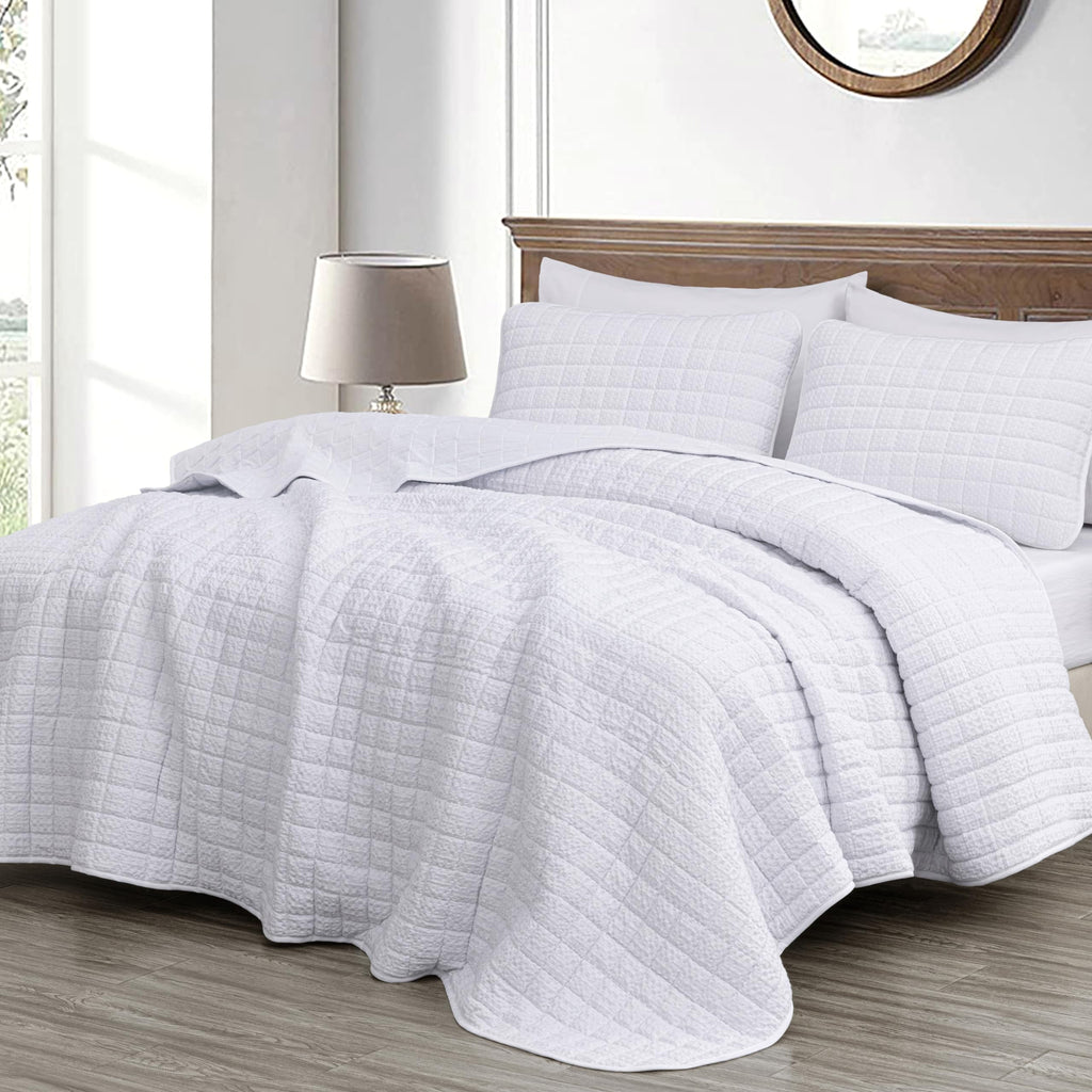 Wilmer 3-Piece Waffle Quilt Set, White, Soft and Cozy Waffle Weave Textured Lightweight Bedspread for All
