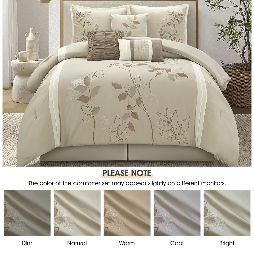 Beige Queen Comforter Set, 7 Pieces Bed in a Bag, Elegant Floral Leaves Embroidery, Soft and Lightweight All Seasons