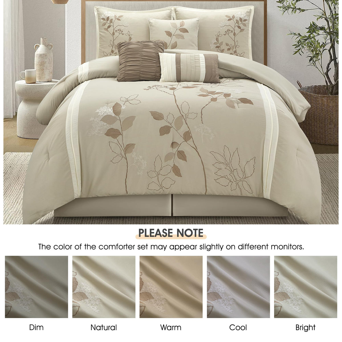 Beige Queen Comforter Set, 7 Pieces Bed in a Bag, Elegant Floral Leaves Embroidery, Soft and Lightweight All Seasons