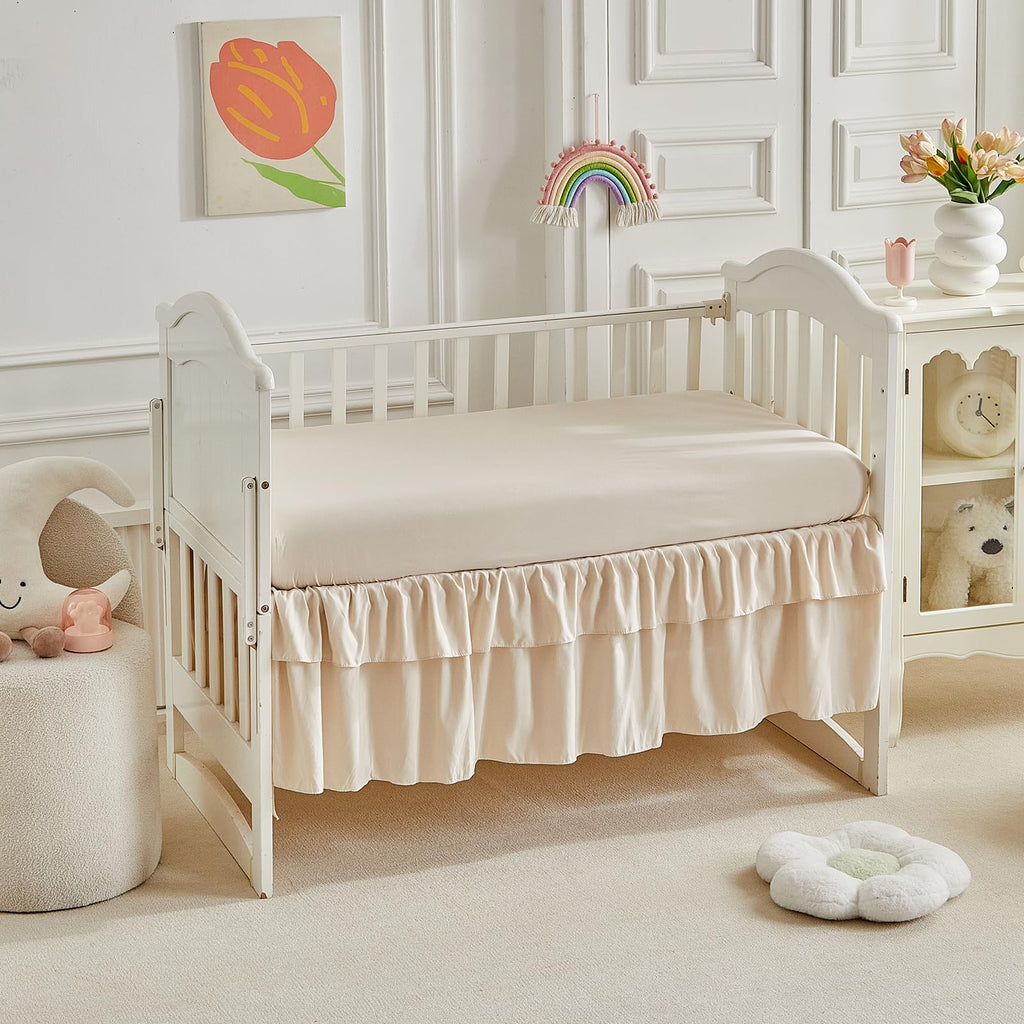 Ruffled Crib Bedding Set Floral Design 3 Pieces Baby Boho Quilted Comforter with Fitted Sheet and Bed Skirt - Cute