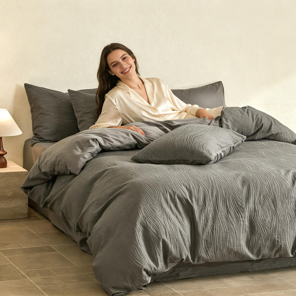 Modern Minimalist Textured Jacquard Grey Duvet Cover Set Queen Size