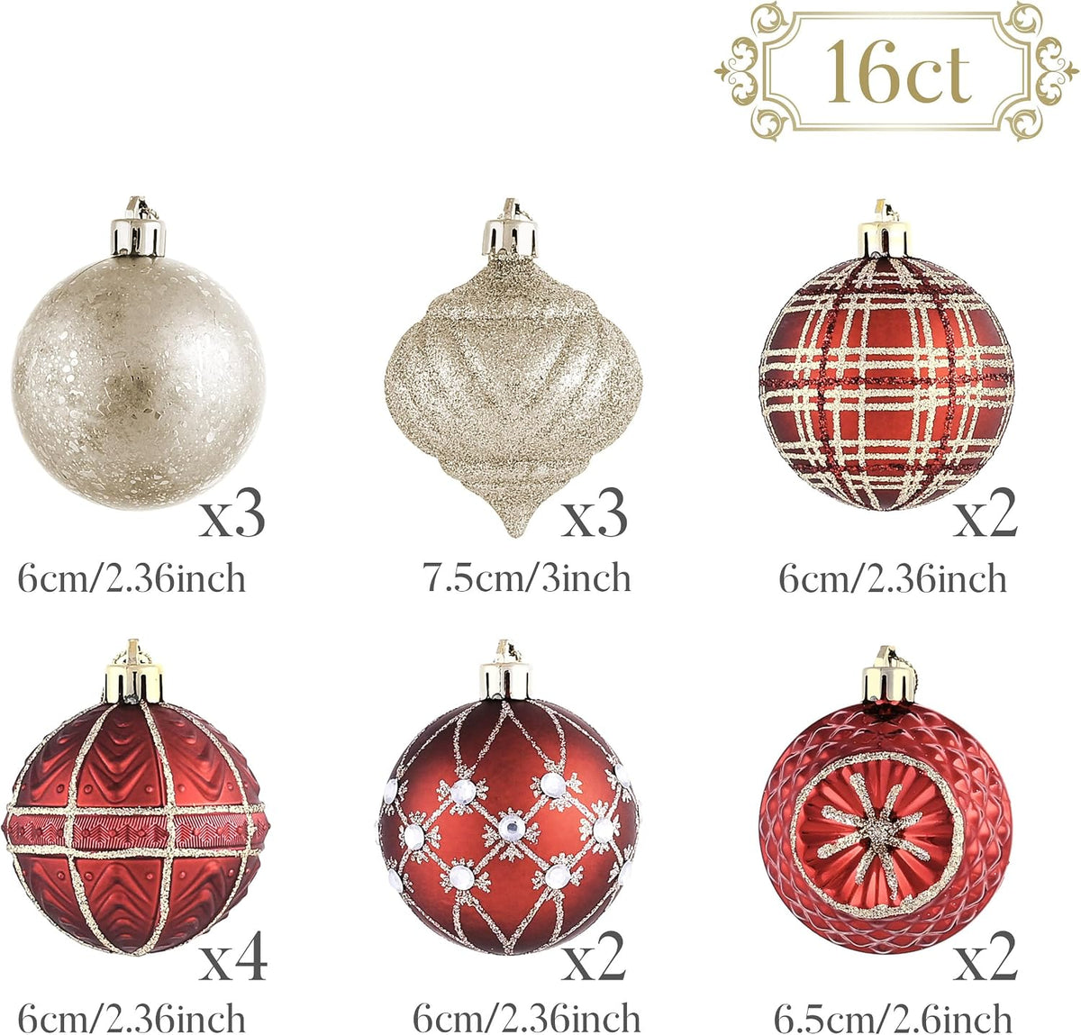Christmas Tree Ornaments Set, 16ct Burgundy and Gold Shatterproof Christmas Tree Decorations&Lighted Christmas Angel