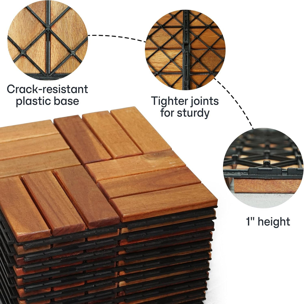 Wood Interlocking Deck Tiles - 12"x12" Indoor & Outdoor Flooring Tiles for Balcony, Backyard & Poolside, Weather & UV
