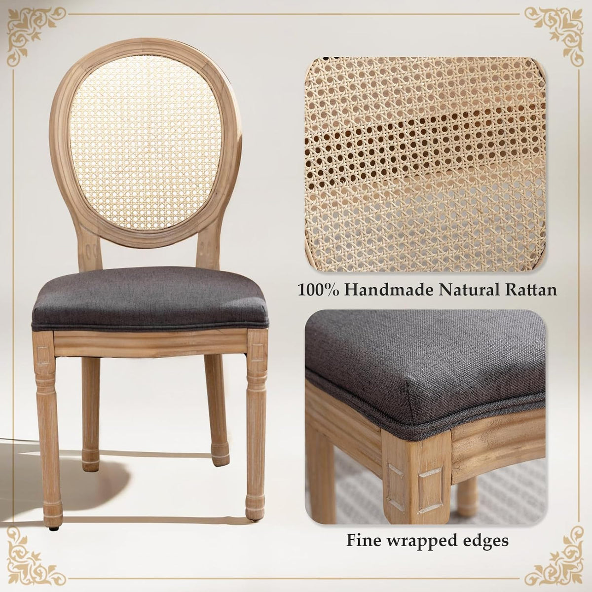 French Country Dining Chairs Set of 2, Farmhouse Rattan Dining Chairs with Round Back and Wood Legs for Kitchen or Bedroom, Deep Grey