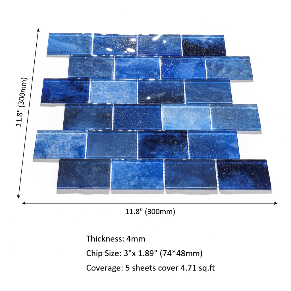 Glass Mosaic Tiles Backsplash, Blue Subway Glass Tile