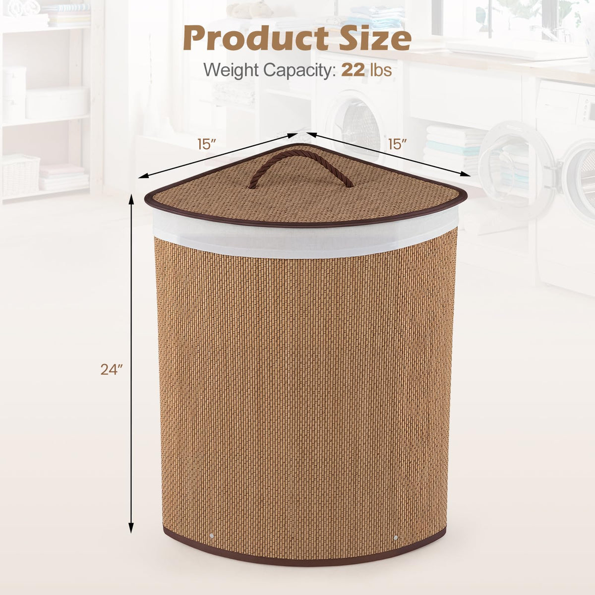 15 Gal Corner Laundry Hamper w/Lid, Removable Liner & Handle Khaki