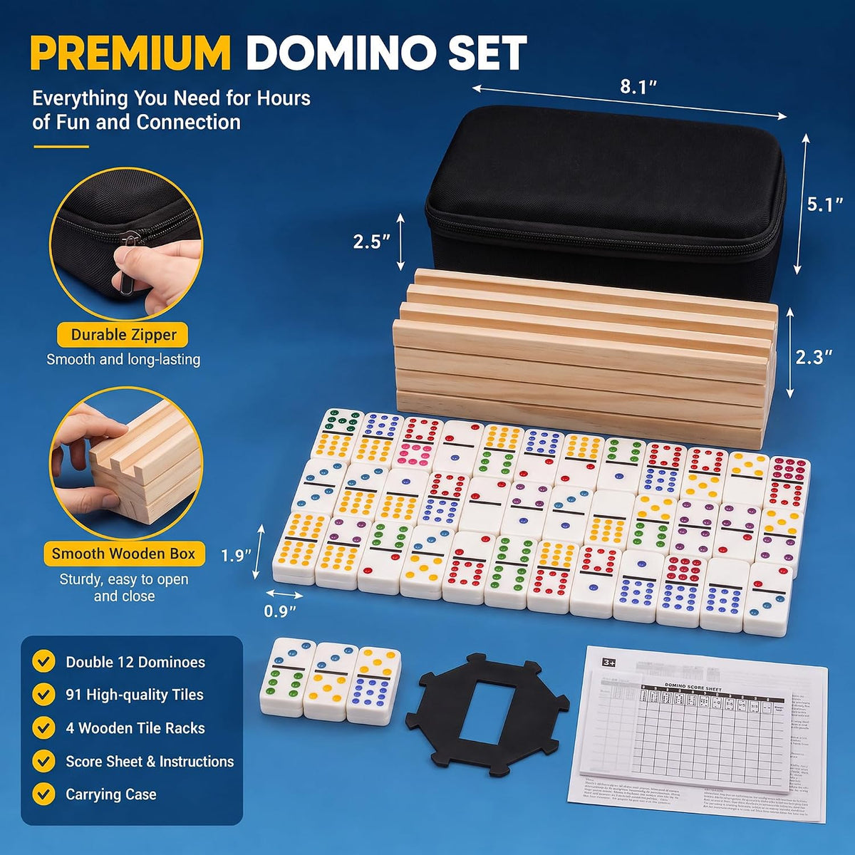 Double 12 Jumbo Dominoes Tiles Set for Adults Mexican Train - 91 Colored Dot Domino Tiles with 4 Wooden Racks, Center - Set of 91