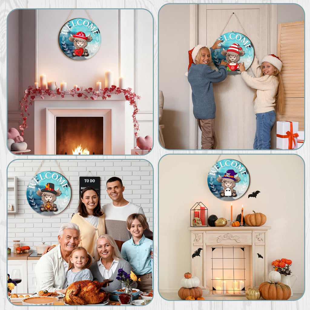 35 Pcs Fall Interchangeable Highland Cow Welcome Sign, Lake Blue
