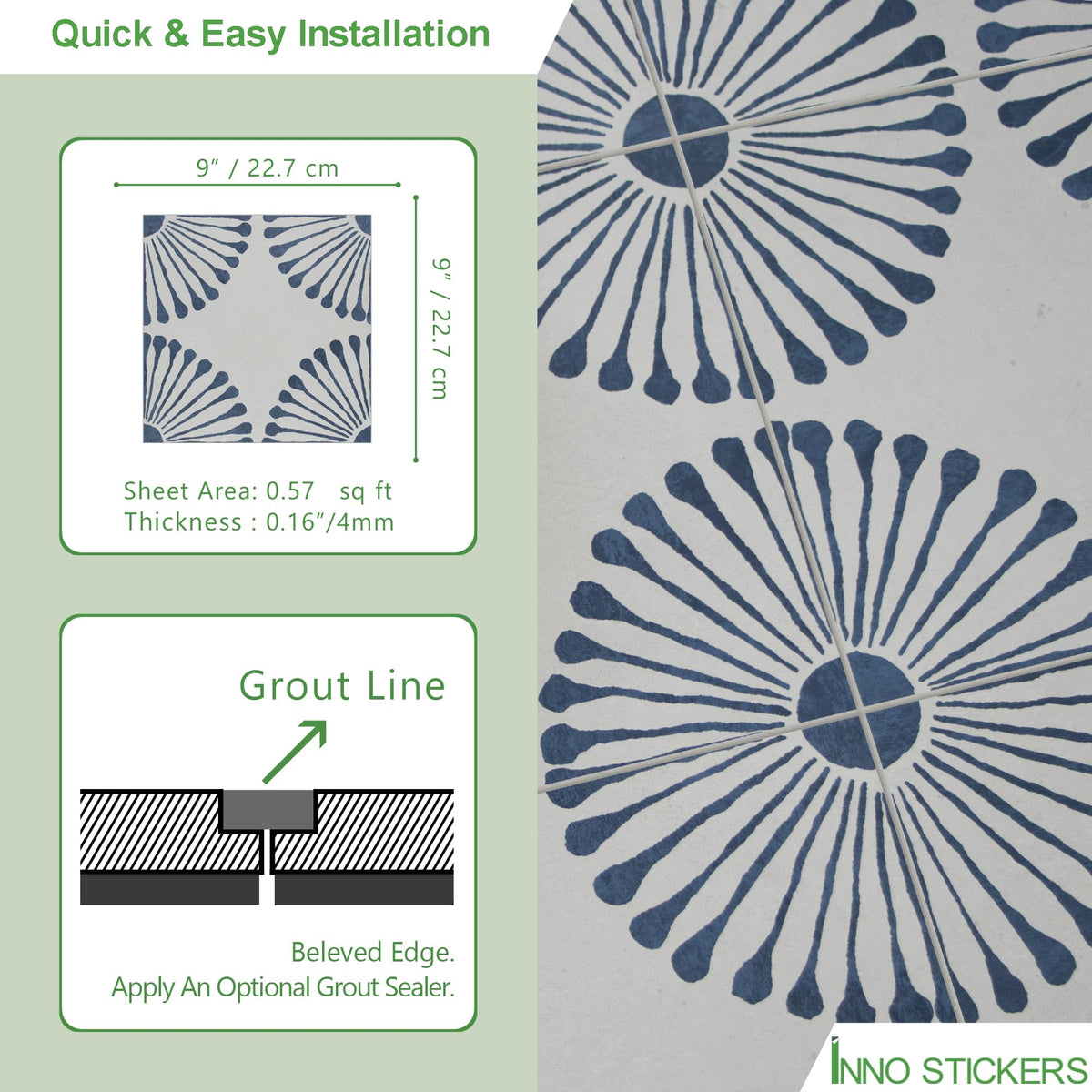 16-Sheet Peel and Stick Floor and Wall Tile, 9" x 9" Blue Stone Composite Self Adhesive Vinyl Flooring, Patterned