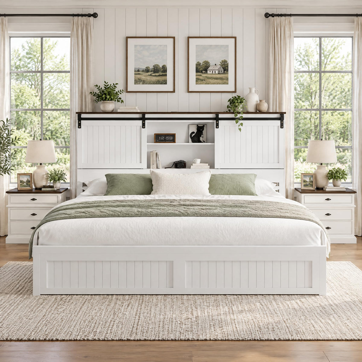 Farmhouse Bed Frame Wood with Headboard Storage, White