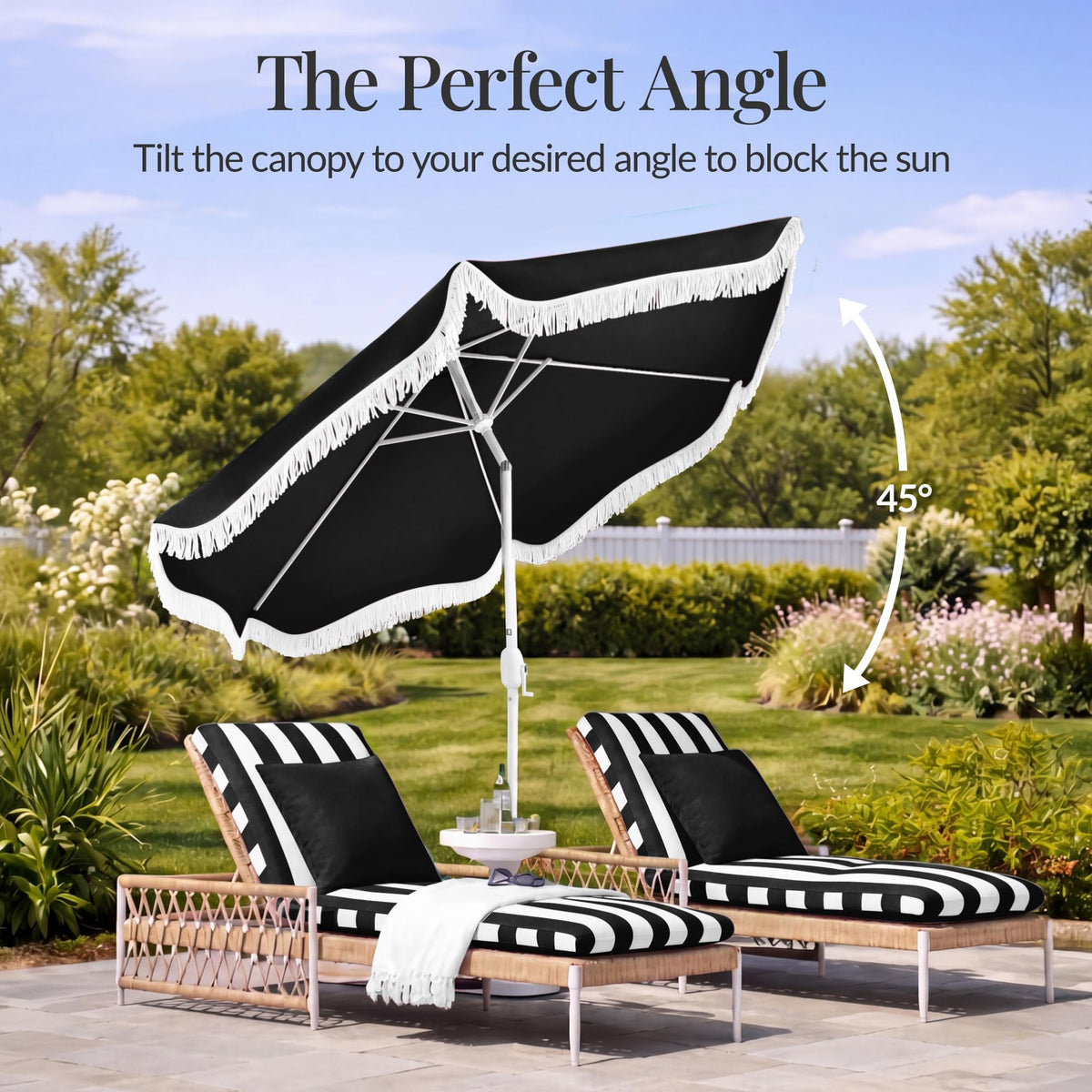 7.5ft Fringe Market Patio Umbrella - Outdoor Boho Tassel Sunshade for Table, Pool, Deck, Backyard - UPF50+, Easy