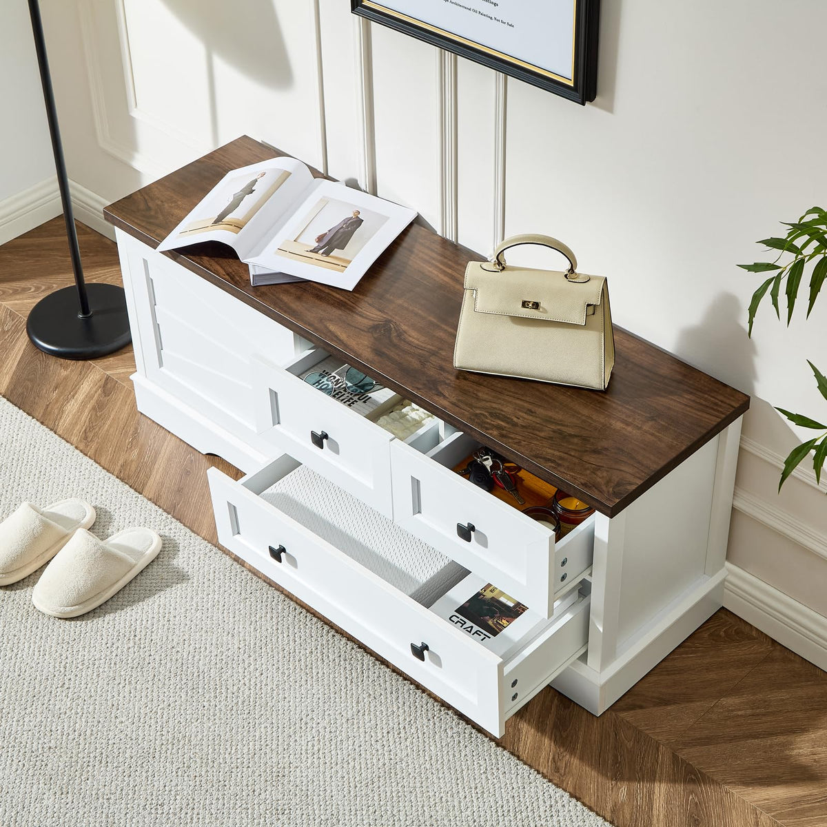 48 Inch End of Bed Storage Bench, Farmhouse Bed Bench with Drawers and Cabinet, Rustic Shoe Storage Bench, White