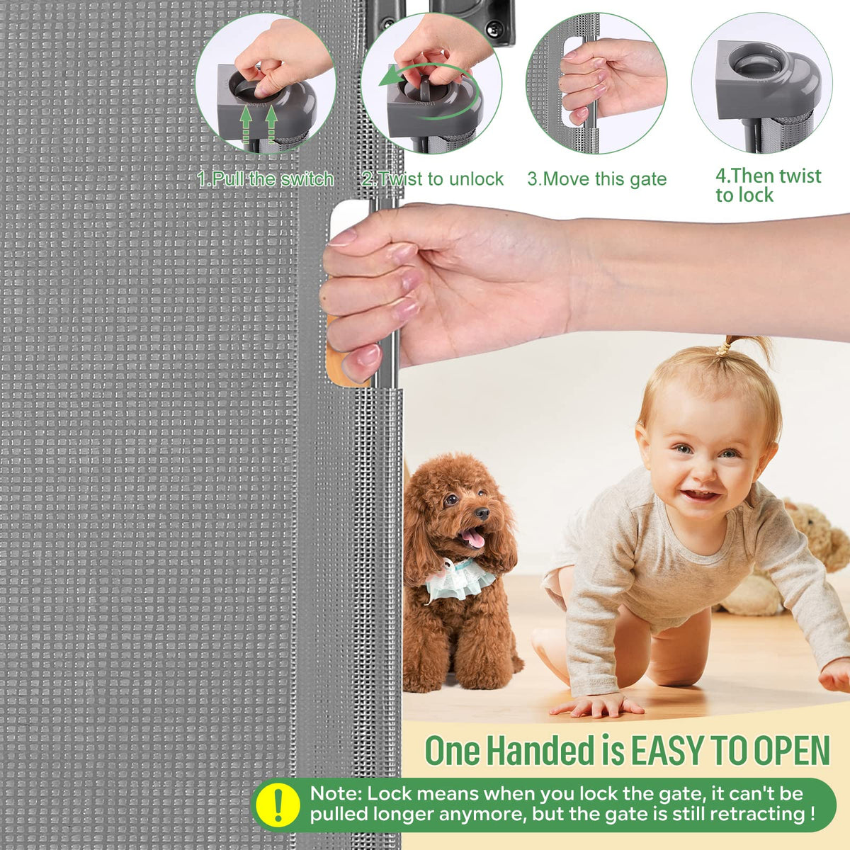 Retractable Baby Gate for Stairs & Doorways, 33" Tall Extends to 55" Wide